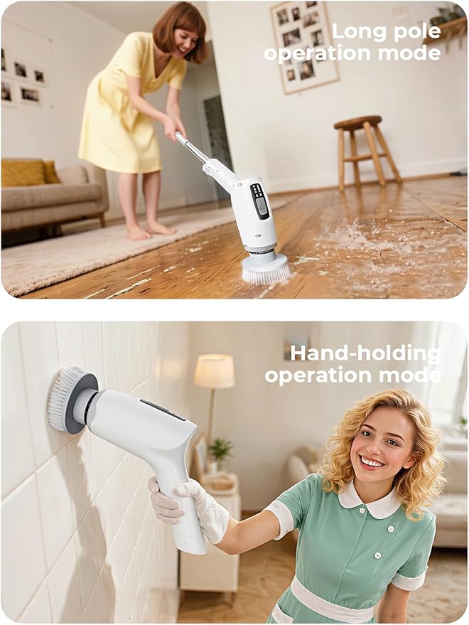 Electric Spin Scrubber and Crevice Cleaning Brushes Kit - Cordless Power Scrubber with 9 Brush Heads, 3 Speeds, Extension Handle & Tight Space Scrubber for Shower, Bathtub, Tile, Kitchen, Window Track