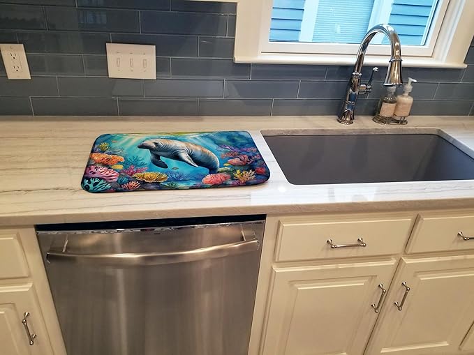 Caroline's Treasures Manatee and Coral Reefs Dish Drying Mat Absorbent Dish Drying Mat Pad for Kitchen Counter Dish Drainer Mat for Countertop, 14 x 21", Multicolor