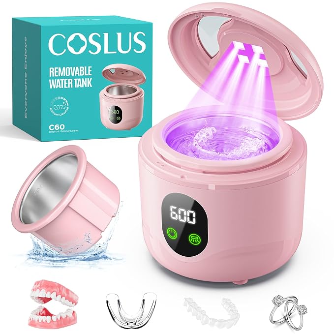 COSLUS C60 Ultrasonic Retainer Cleaner Machine: 45kHz Professional Dental Cleaning Pod for Denture, Mouth Guard, Aligner & Jewelry Deep Cleaning - Removable Tank, Upgraded Durable for Home Use, Pink