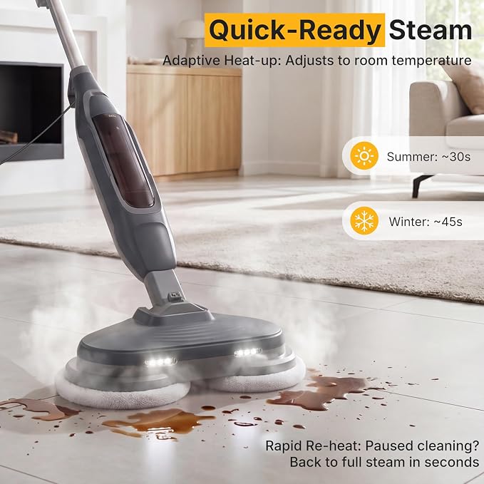 NEWBULIG Steam Mop, All-in-One Steam Mops for Floor Cleaning with Rapid Re-heat, Self-Standing Floor Steamer, 4 Rotating Scrub Pads, 2 LED Headlights, for Hardwood Floors & Tile