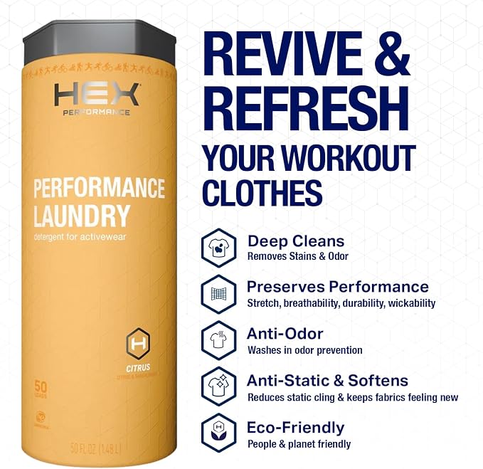 HEX Performance Laundry Detergent, Citrus Scent, 100 Loads (50ld Pack of 2) – Concentrated Activewear Detergent for Odor Removal, Sweat & Residue, HE Compatible, Eco-Friendly, Biodegradable Formula