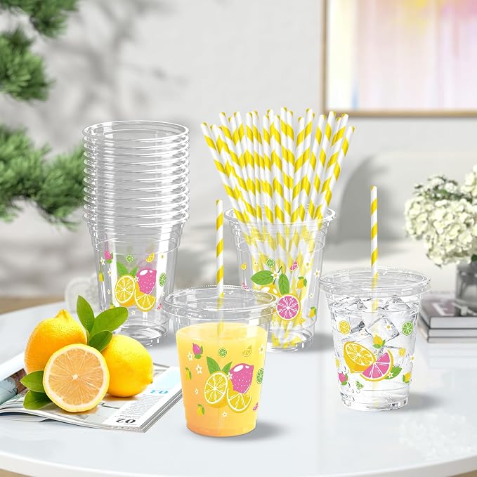 50 Sets Lemons Plastic Cups with Lids Straws 12 oz Yellow Pink Tropical Fruit Disposable Cups Summer Party Favor Drinking Beverage Cup for Baby Shower Birthday Party Supplies