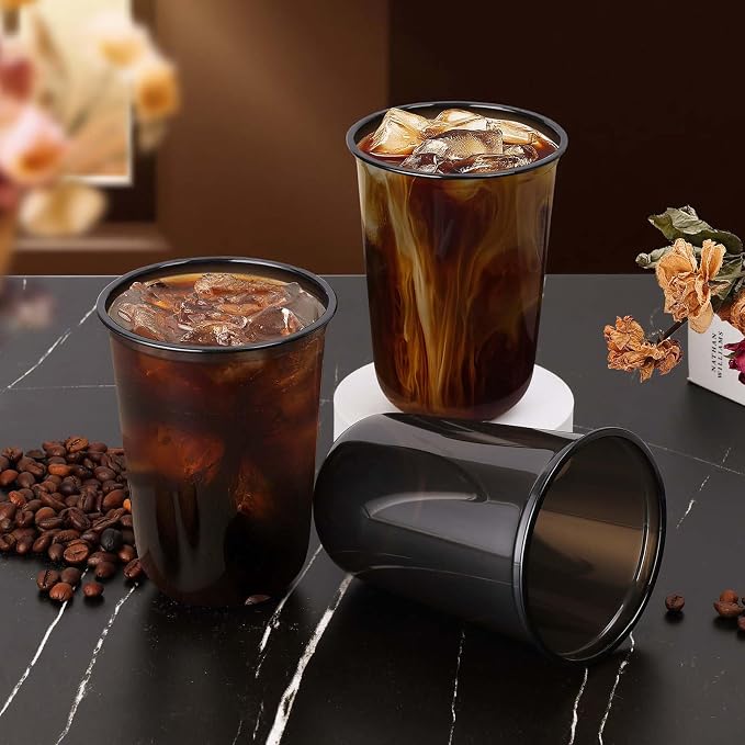 KesaPlan 100 Pcs 16 oz Black Clear Plastic Cups, Disposable Stemless Wine Glasses for Halloween Graduation Party, Round Bottom Plastic Cocktails Cups, Disposable Cold Drinks Cup for Birthday Wedding
