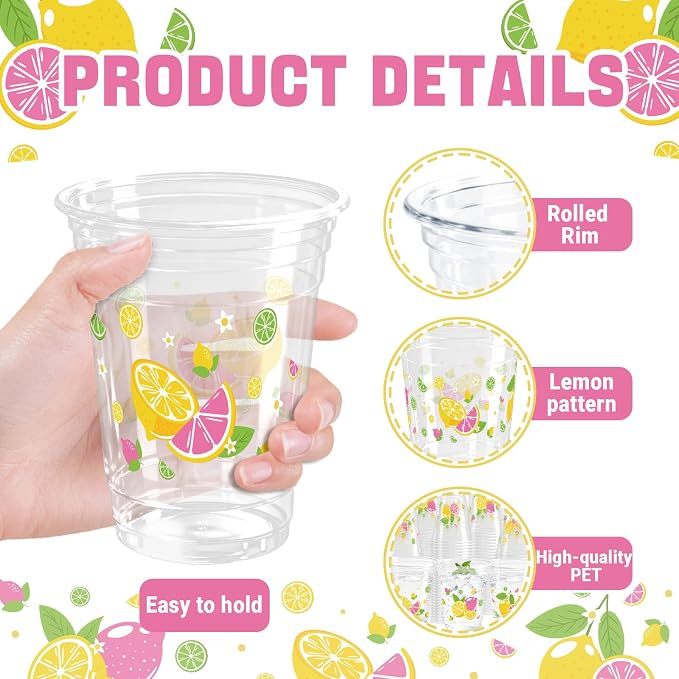 100 Pack Lemons Plastic Cups 12 oz Pink Yellow Tropical Fruit Disposable Cup Clear Lemons Summer Spring Party Favor Drinking Cold Beverage Cup for Party Supplies
