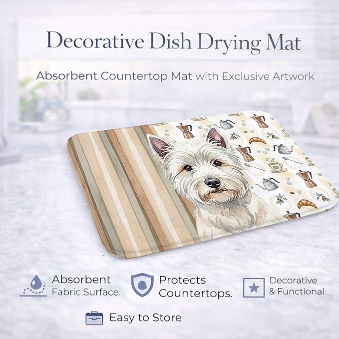 Caroline's Treasures Westie Coffee Bar Dish Drying Mat Absorbent Dish Drying Mat Pad for Kitchen Counter Dish Drainer Mat for Countertop, 14 x 21", Multicolor