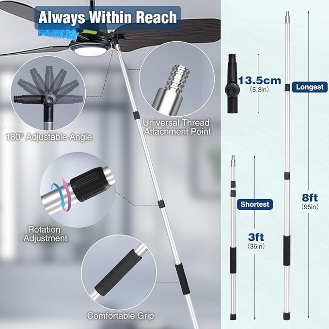 Lineslife Telescoping Pole, 3-8 FT Paint Roller Extension Pole, Multi-Purpose Sturdy Aluminum Alloy with Twist-Lock Design for Windows, Painting, Dusting and Cleaning