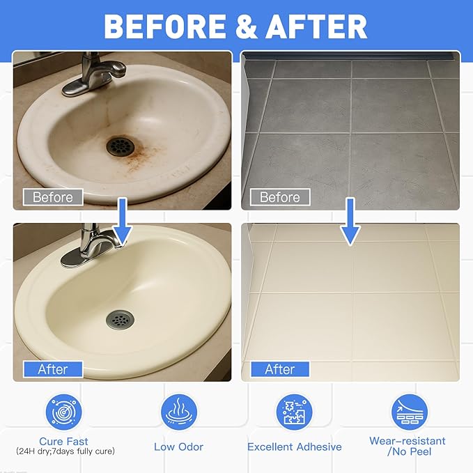 DWIL Tub Paint, Tub and Tile Refinishing Kit 33oz with Tools, Tile Refinishing Kit Bathtub Paint Water Based &Low Odor, Easy to Use Sink for Bathroom Kitchen, Semi-Gloss Vanilla White, 50-55sq.ft