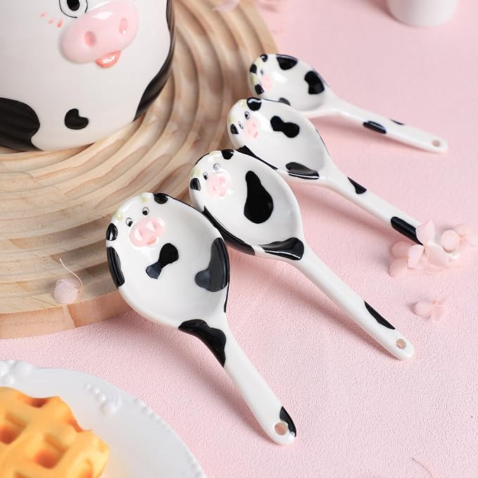 Sizikato 4pcs Porcelain Measuring Spoons with Base, Cow Shaped Ceramic Measuring Spoon Set