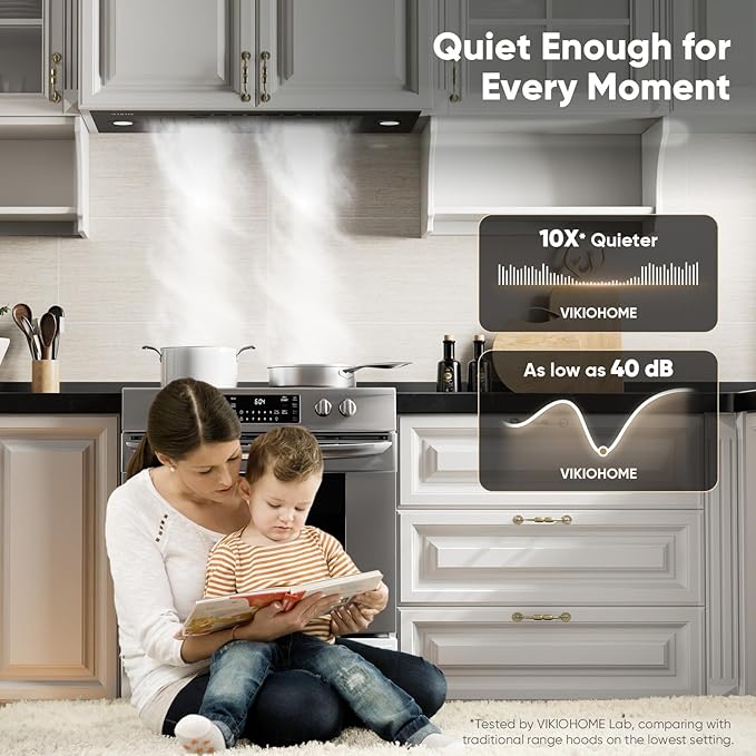 VIKIO HOME Black Built-in/Insert Range Hood 36 Inch, 980 CFM Hood Vent for Kitchen, Ducted/Ductless Convertible Duct, Stainless Steel Kitchen Vent Hood with Gesture & Touch Control, 3 Baffle Filters