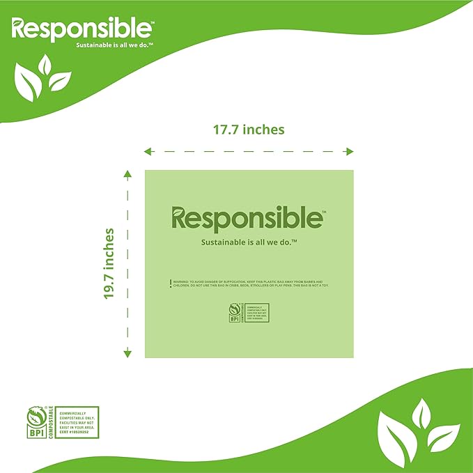 Responsible Products Kitchen Bin Liners, Certified Compostable, Heavy Duty Multipurpose Food Scrap Bags, Made from Compostable Materials (4 Gallon, 1 Count (Pack of 25))