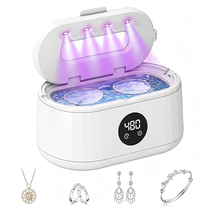Ultrasonic Jewelry Cleaner, 50kHz Ultrasonic Cleaner Machine for Jewelry, Eyeglasses, Rings, Watch Straps, Toothbrush Heads, Dentures, Retainers, 5 Timers Cleaning Mode, 420ml 304 Stainless Steel Tank