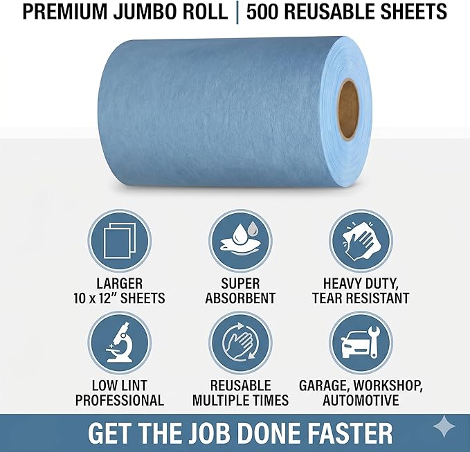 4 Rolls Industrial Cleaning Wipes Jumbo Roll, Heavy Duty Lint Free Shop Towels, Super Absorbent Reusable Cleaning Cloths for Garage Workshop Automotive, 500 Sheets 10 x 12 Inch, Blue