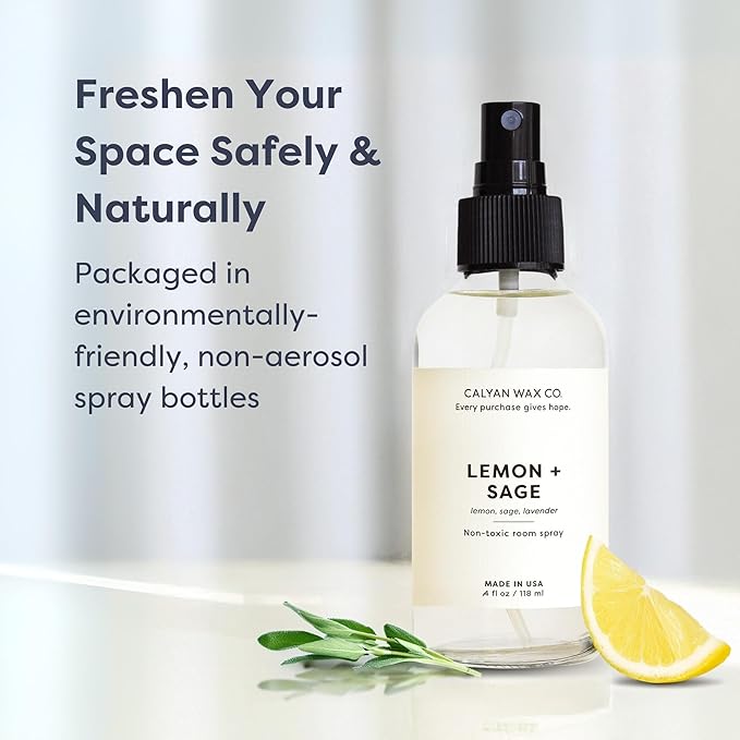 Calyan Wax Co. Lemon & Sage Room Spray - Non Toxic Air Freshener - Natural Room Deodorizer with Essential Oils - Air Freshener Spray for Home - 4 fl oz