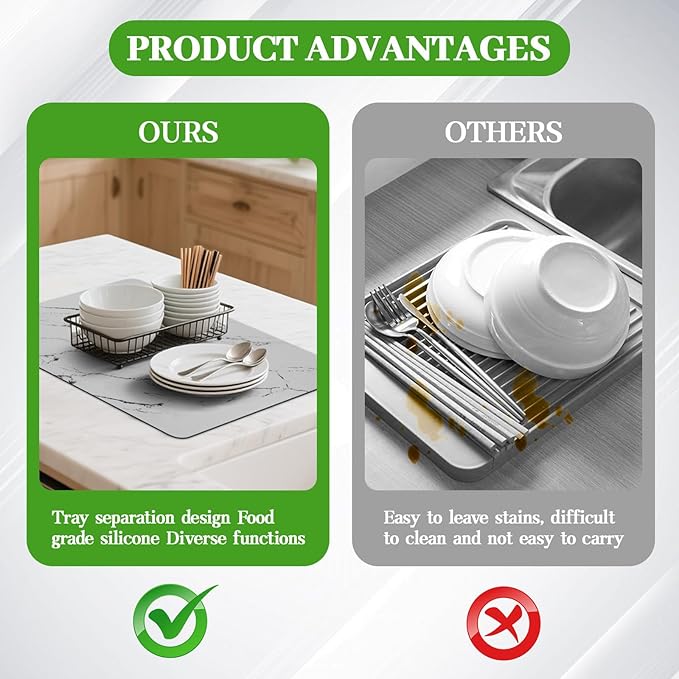 2 Pack Dish Drying Mat For Kitchen Counter,24"x16" Coffee Mat，Absorbent Hide Stain Non-slip Rubber Backed，Easy Clean, Heat-resistant, Large Kitchen Drying Mat（White+Gray）