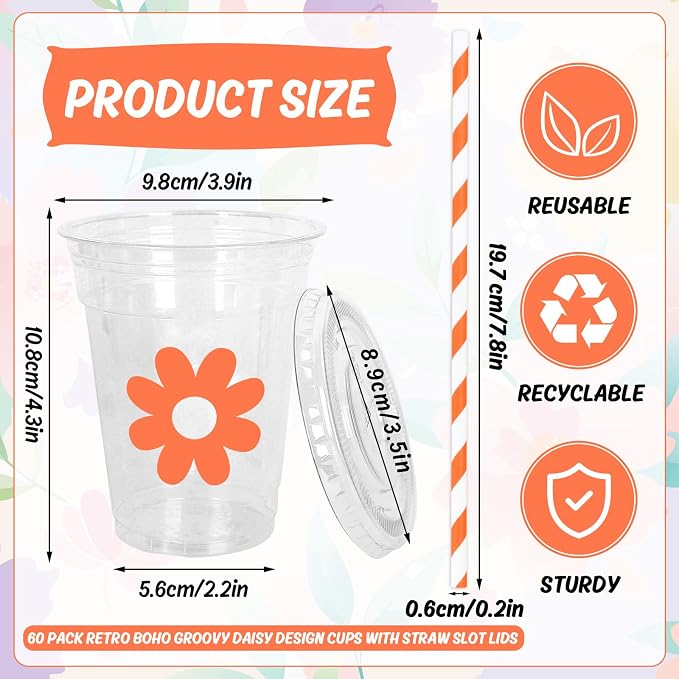 Whaline 60Pcs 12Oz Daisy Disposable Plastic Cups with Lids and Straws Retro Boho Groovy Flower Cold Beverage Drinking Cups for Wedding Birthday Baby Shower