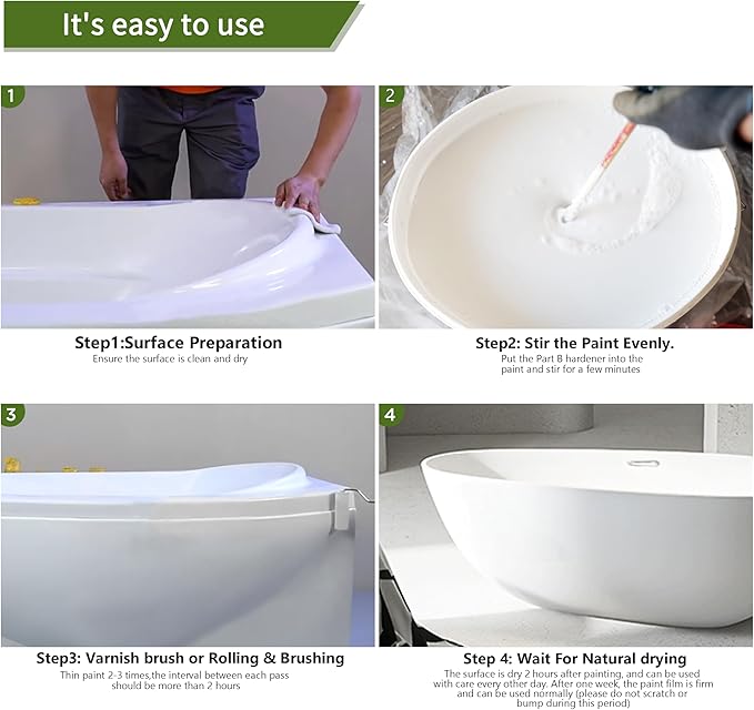 White Ceramic Tub and Tile Refinishing Kit - Bathtub, Bathroom Wall, Countertop Sink Paint Resurfacing - Waterproof, Low Odor (White, 32 Oz/50-60 sq.ft)