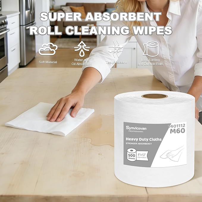Jumbo Roll Industrial Cleaning Wipes, Lint-Free and Super Absorbent Heavy Duty Cloths, White (1 Roll of 500 Sheets, 12"x 8" Each Sheet)