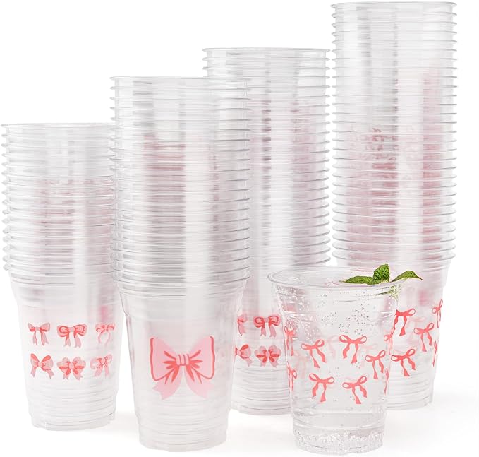 150 Pack Pink Bow Party Plastic Cups 12 oz Coquette Bow Disposable Drinking Cups for Bachelorette Bridal Shower Birthday Party Decorations