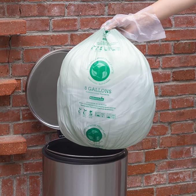 Restaurantware-RW Eco 8 Gallon Biodegradable Garbage Bags, 100 Compostable Trash Bags - Star Seal Bottom, Won't Tear Or Leak, Green Plastic Trash Can Liners, BPI-Certified, For Office And Homes
