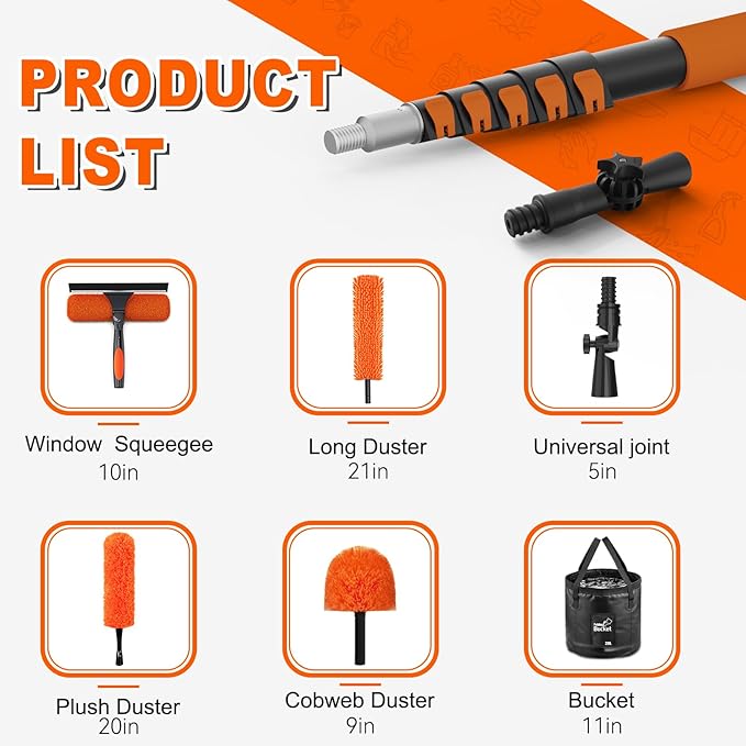 SISUPASSIE 30FT Reach High Ceiling Duster Kit, Window Cleaning kit with 5-24FT Extension Pole, Fan Duster for Ceiling Fan Blades, Microfiber Feather Duster, Window Squeegee