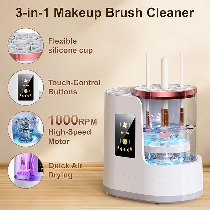 Makeup Brush Cleaner Machine Gray, Automatic Brush Cleaning & Drying Machine with Dual-Direction Cleaning
