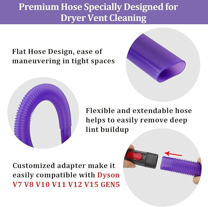 Dryer Vent Lint Vacuum Atttachments Kit and Crevice Tool for Dyson Gen 5 V15 V12 V11 V10 V8 V7 Detect Outsize Slim Absolute Cyclone Vacuum Cleaner Nozzle Flexible Dryer Lint Remove Hose Cleaner Kit