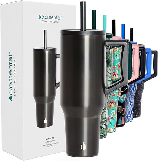 Elemental 40 oz Tumbler with Handle and Straw - Spill Proof Insulated Stainless Steel Commuter for Cold Beverages - Travel Coffee Mug with 2 Straws & Spill Proof Lid - 40oz- Gunmetal