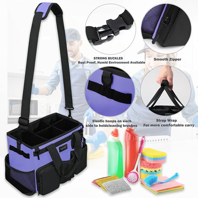 Wearable Cleaning Caddy Bag,Cleaning Supply Tote for Cleaning Supplies, Cleaning Organizer with Adjustable Shoulder and Waist Straps for Cleaners & Housekeepers (Purple and Black, Large)