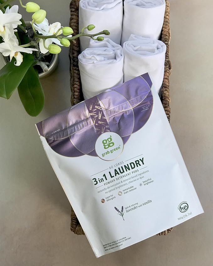 Grab Green 3-in-1 Laundry Detergent Pods, Lavender + Vanilla, 24 Count | Plant & Mineral-Based; Enzyme-Powered; Velcro Closure; Laundry Brightener; Stain Remover