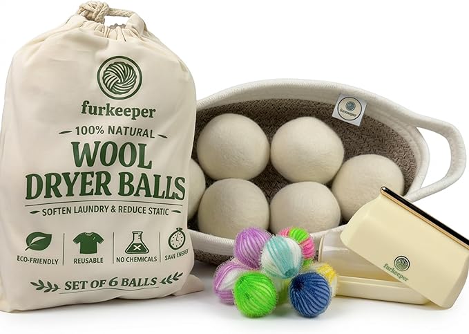 6 Premium Wool Dryer Balls - 14-pirece Laundry Set