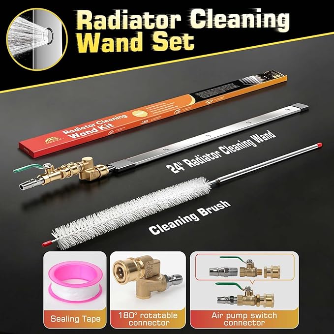 24" Upgraded Radiator Cleaning Wand With 25° Fan Nozzles,Water and Air Dual-Use 4500 PSI Pressure Washer Tool Set for Car,Truck and Other Vehicles.