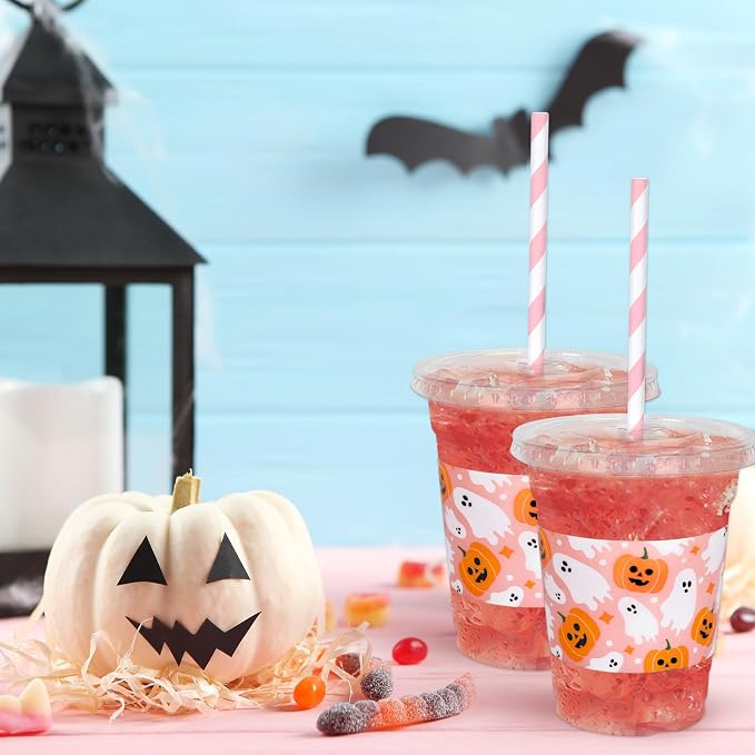 Whaline 50 Pcs Halloween Disposable Plastic Cups with Lids and Straws 12 oz Cute Pink Pumpkin Ghost Cold Beverage Drinking Cups for Birthday Party Favors