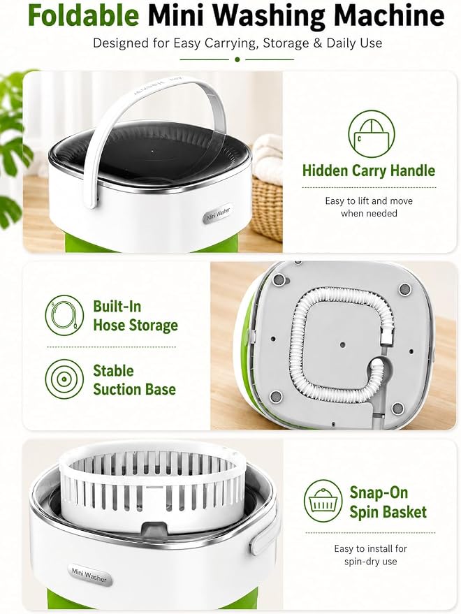 Portable Washing Machine 16L Foldable Mini Washer for Underwear Socks Baby Clothes Small Loads Compact Washer for Apartment Dorm RV Travel (Green)