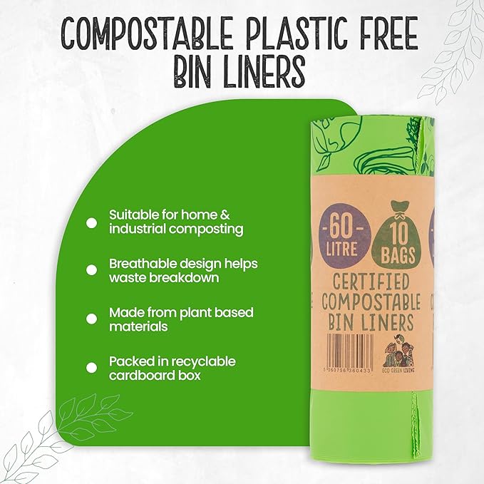 Eco Green Living 100% Compostable Biodegradable Bin Liners 60L Bin Bags For Food Waste, Kitchen Tall Bin Liners, Vegan, Strong, Leakproof, BPA Free, Recyclable, 6 Rolls, 60 Bags