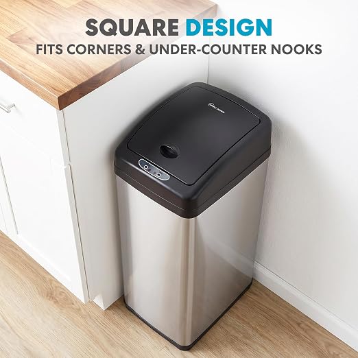 SIMPLI-Magic 12 Gallon / 45 Liter Square Kitchen Stainless Steel Sensor Trash Can, Touchless Automatic Kitchen Garbage Bin with Soft-Close Lid