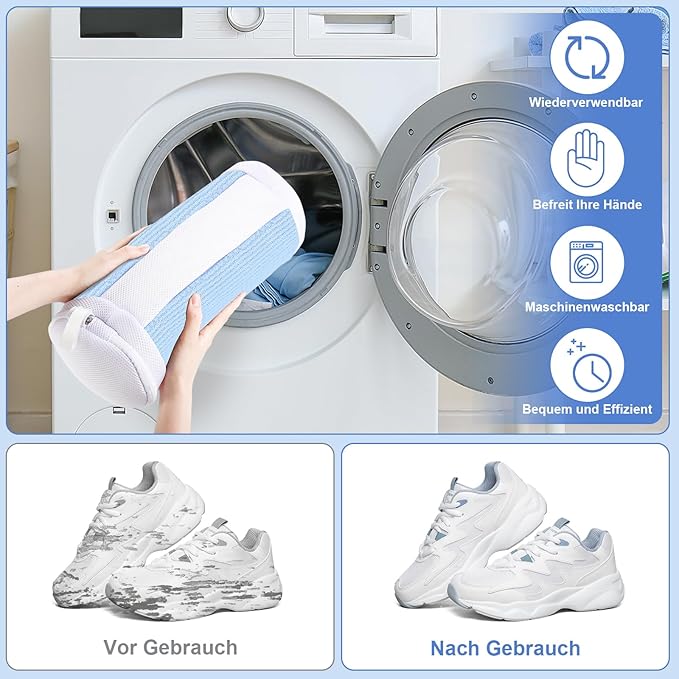 Dntorx Shoe Washing Machine Bags, 2 PCS Reusable Blue+White Chenille Laundry Bags for Washing Machine, 360 Wrap-Around Clean Shoe Laundry Bags with Hidden Zipper