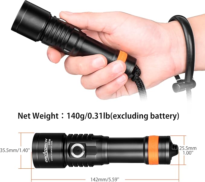 ORCATORCH D530 Scuba Dive Light 1300 Lumens, Titanium Alloy Diving Flashlight with Waterproof IP68, Diving Flashlight 3 Lighting Modes for Underwater 150m Diving (5000K Warm White Light