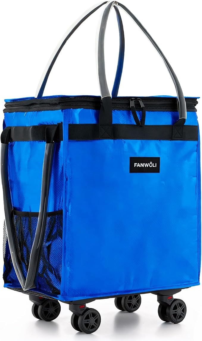 (Medium) Fanwoli Reusable Grocery Bag on Wheels with Upgraded Wrinkle-Resistant Fabric | Enhanced Stability Wheels & Extended Handle | Foldable Shopping Trolley for Laundry, Carries Up to 66 L