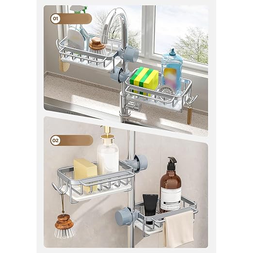 Kitchen Sink Faucet Organizer, Left Sponge Holder Over Faucet Sink Caddy with Drip Tray, Detachable Hanging Faucet Drain Rack for Scrubbers, Soap, Bathroom, Fits 0.7-1.1in Round Pipe (Silver)