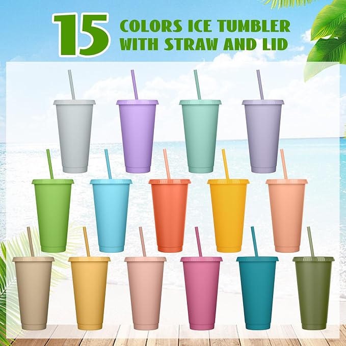 Honeydak 60 Pack Tumbler with Straw and Lid Bulk Cups for Gifts Water Bottle Iced Coffee Travel Mug Cup Reusable Plastic Tumblers for Party Birthdays 24-27 oz (Fresh Color)