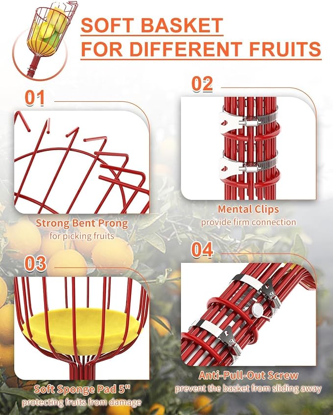 AgiiMan 18 Reach Fruit Picker with Telescopic Extension Pole, 3 to 12 FT Fruit Picker Pole Lightweight and Sturdy Aluminum Telescopic Pole, Easy to Assemble Fruit Picking Basket