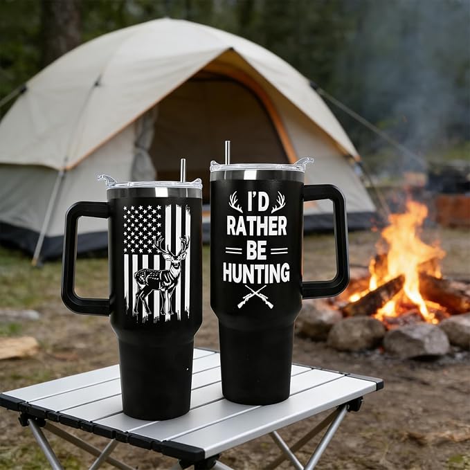 Ceovfoi Hunting Gifts for Men, 40 oz Deer Hunting American Flag Stainless Steel Tumbler with Handle Lid and Straw, Hunting Stuff Supplies Accessories