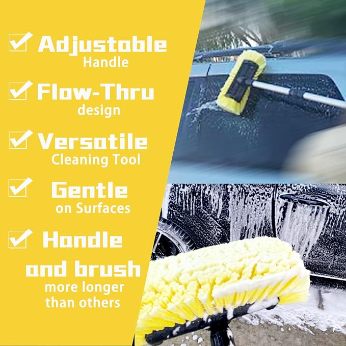 60" Car Wash Brush with Long Handle, Yellow | Soft Bristle, Extendable Handle, For Car SUV Truck Caravan Boat, Solar Panel House Siding, Sweep Snow