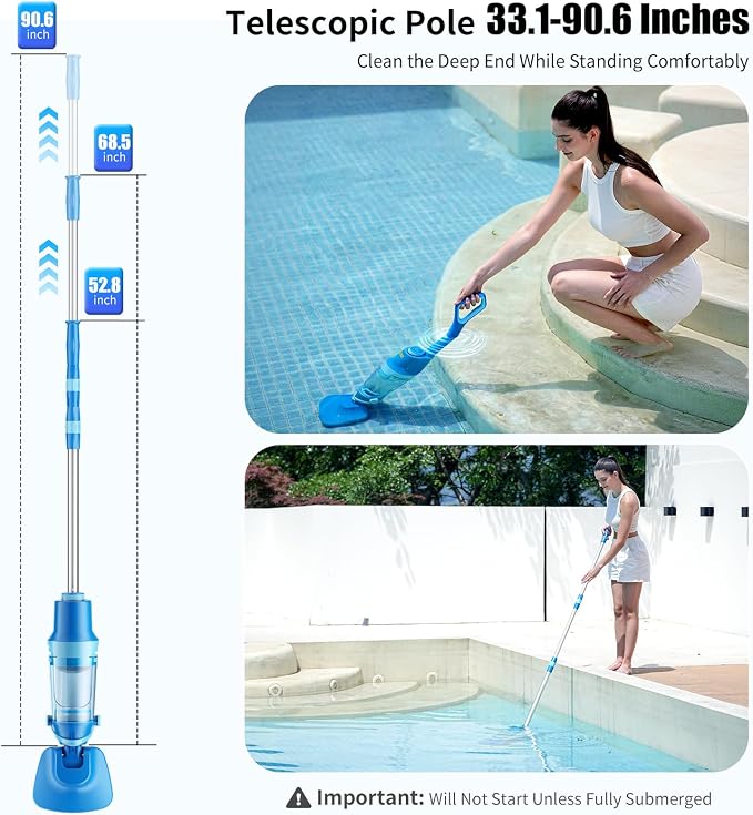 Cordless Pool Vacuum for Inground & Above Ground Pools: 23.8 GPM Powerful Stable Suction, Telescopic Pole up to 90.6", 60-Min Runtime, Extra-Large Filter & Rechargeable Pool Cleaner for Spas/Hot Tubs