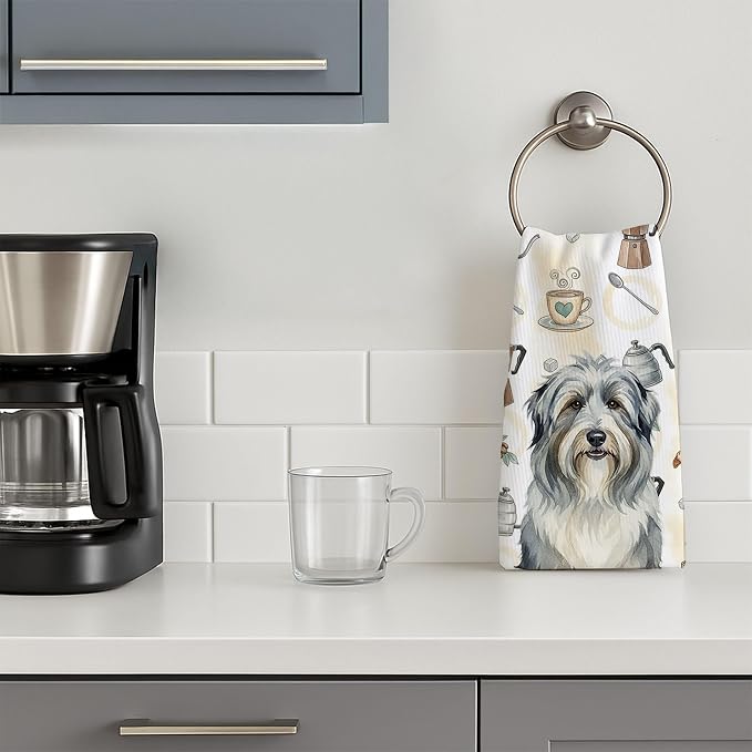 Caroline's Treasures Bearded Collie Coffee Bar Kitchen Towel Velour Plush Front and Cotton Loop Back Machine Washable