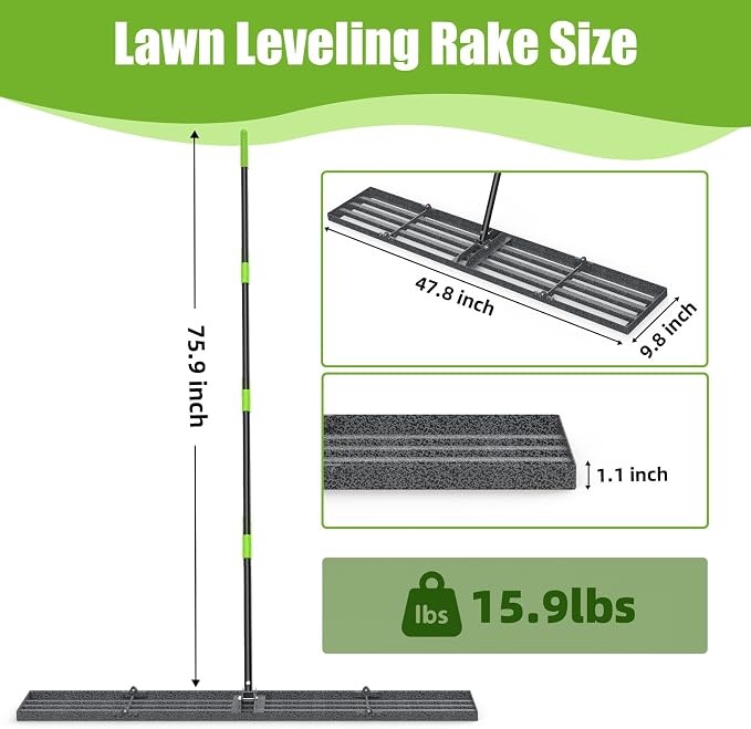 GARDTECH 48x10 Inch Lawn Leveling Rake Heavy Duty Adjustable Handle Yard Tool – Reinforced Steel Landscape Rake for Lawn Leveling, Soil Grading, Golf Course & Backyard Care