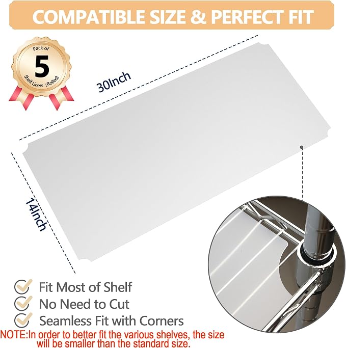 5pcs Shelf Liners of Wire Shelf System,14 x 30 inch Plastic Shelf Liners Mats for Wire Shelving (Rolled,Actual Size:13.18"X29.33")