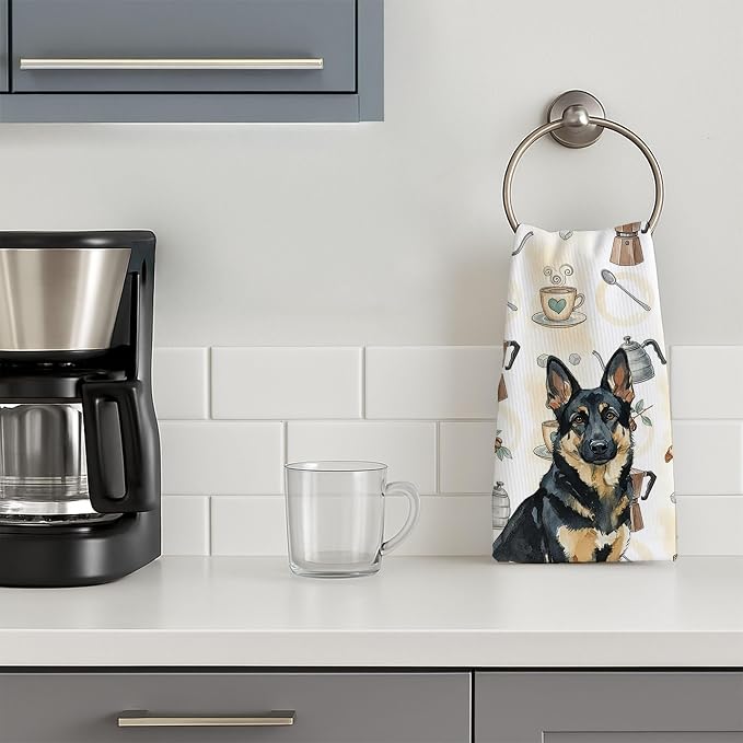 Caroline's Treasures Black and Tan German Shepherd Coffee Bar Kitchen Towel Velour Plush Front and Cotton Loop Back Machine Washable