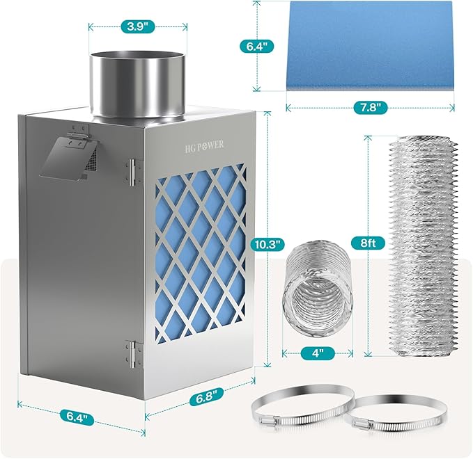 Metal Dryer Vent Box, HG Power Indoor Dryer Vent, Safety Vent Flap, Dryer Lint Trap, Indoor Dryer Vent Kit for Electric Dryer, Space Saver Dryer Vent Kit with Polyester Filters, Dryer Vent Hose