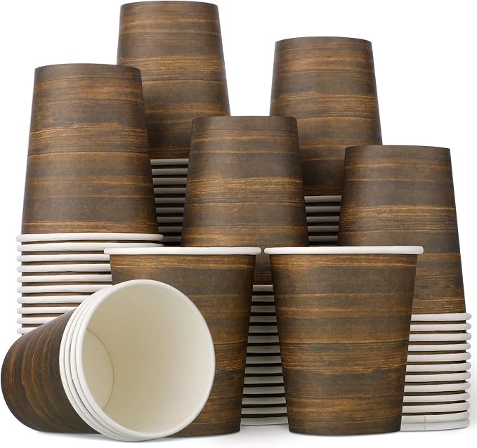 Funtery 100 Pcs Paper Drinking Cups, 9 oz Party Favor Supplies Decorations Disposable Drinking Cups for Western Theme Birthday Party Drinks Holidays Dinner(Retro Wood Grain)